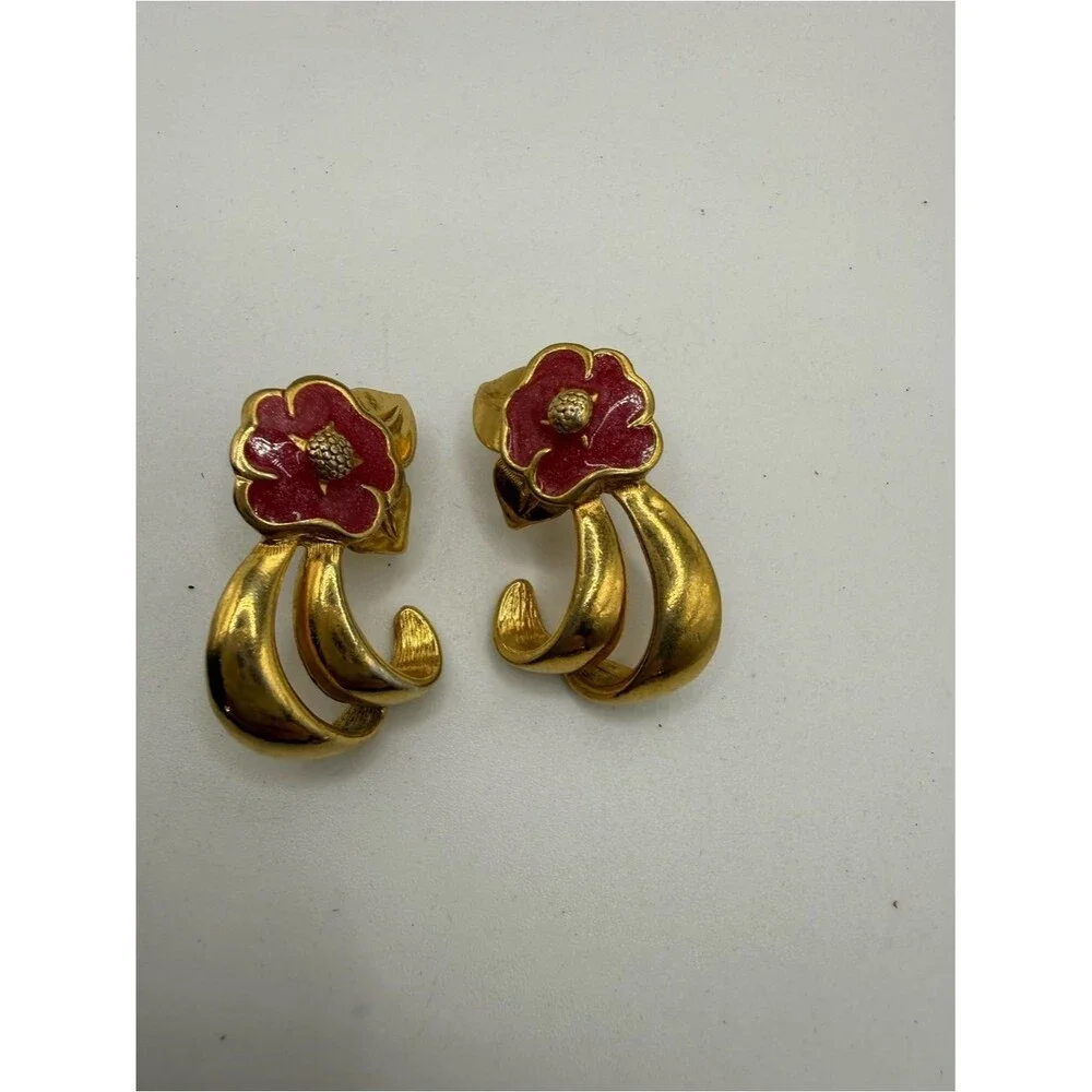 Vintage Avon Tropical Splendor Red Enamel Hibiscus Jewelry Set Bracelet Earrings